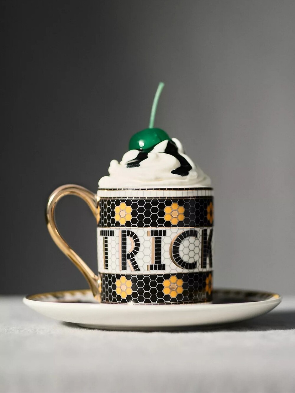 Anthropologie Bistro Tile Stoneware 24k Gold Accent Halloween Espresso Cup